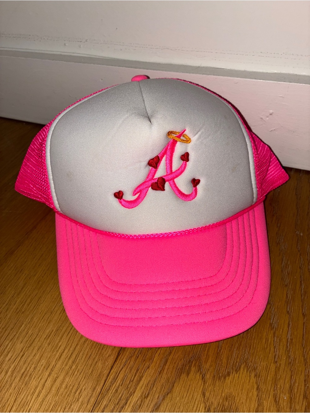 White and Pink Trucker Hat with Atlanta Braves Logo and Heart Detailing